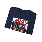 Mystic Mask Flames Graphic Unisex Heavy Blend Crewneck Sweatshirt Hustler Streetwear Motivational Dark Mystery Bold Fire Design