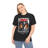 Mystic Mask Flames Graphic Unisex Heavy Cotton Tee Hustler Streetwear Motivational Dark Mystery Bold Design