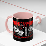 Money Ambition Accent Coffee Mug 11oz 15oz Black Ceramic Cup with Bold Red Typography and Cash Stack Design for Entrepreneurs and Hustlers
