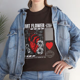 Heart Flower Graphic Unisex Heavy Cotton Tee Comfortable Streetwear T Shirt Bold Red and Black Floral Heart Design Symbol of Love Strength and Vitality Perfect Gift for Friends Birthdays and Casual Everyday Wear