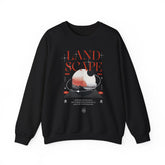 Landscape Unisex Heavy Blend Crewneck Sweatshirt Graphic Pullover Black Nature Inspired Abstract Mountain Outdoor Adventure Modern Streetwear Artistic Creative Fashion Outfit