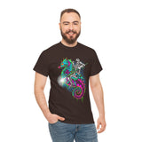 Seahorse Knight Neon Warrior Unisex Heavy Cotton Tee Futuristic Cyberpunk Fantasy Streetwear T Shirt Vibrant Medieval Armor Design Perfect For Gamers Dreamers And Art Lovers