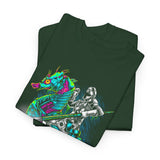 Seahorse Knight Neon Warrior Unisex Heavy Cotton Tee Futuristic Cyberpunk Fantasy Streetwear T Shirt Vibrant Medieval Armor Design Perfect For Gamers Dreamers And Art Lovers