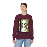 Not Alone Alien Unisex Crewneck Sweatshirt UFO Cartoon Graphic Pullover Extraterrestrial Sci Fi Space Themed Conspiracy Inspired Paranormal Streetwear