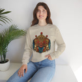 Unisex Mythical Tribal Mask Crewneck Sweatshirt Heavy Blend Pullover Cultural Warrior Spirit Inspired Festival Graphic Art Streetwear Top