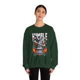 Humble Angel Statue Unisex Heavy Blend Crewneck Sweatshirt Graphic Pullover Streetwear Fire Print Bold Motivational Urban Fashion Outfit