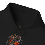 Inferno Spirit Fiery Dragon Whiskey Bottle Unisex Heavy Blend Hooded Sweatshirt Bold Streetwear Biker Inspired Tattoo Art Flame Design Symbol of Strength Rebellion and Passion