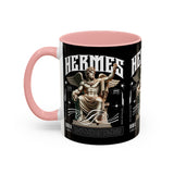 Hermes Accent Coffee Mug 11oz 15oz Black Ceramic Mythology Cup with Greek God Winged Statue Design for History Lovers and Art Enthusiasts