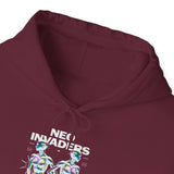 Neo Invaders Futuristic Holographic Graphic Unisex Heavy Blend Hooded Sweatshirt Sci Fi Cyberpunk Streetwear Bold Statement Hoodie