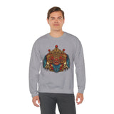 Unisex Mythical Tribal Mask Crewneck Sweatshirt Heavy Blend Pullover Cultural Warrior Spirit Inspired Festival Graphic Art Streetwear Top