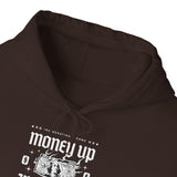 Money Up In Flames Unisex Heavy Blend Hooded Sweatshirt Graphic Hoodie Black Bold Hustle Fire Money Design Streetwear Entrepreneur Alpha Mindset Wealth Fashion
