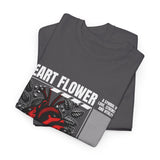 Heart Flower Graphic Unisex Heavy Cotton Tee Comfortable Streetwear T Shirt Bold Red and Black Floral Heart Design Symbol of Love Strength and Vitality Perfect Gift for Friends Birthdays and Casual Everyday Wear