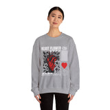 Heart Flower Graphic Unisex Heavy Blend Crewneck Sweatshirt Comfortable Streetwear Pullover Bold Red and Black Floral Heart Design Symbol of Love Strength and Vitality Perfect Gift for Friends Birthdays Cozy Days and Everyday Wear