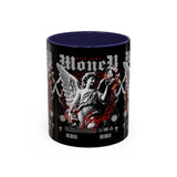 Money Bright Angel Accent Coffee Mug 11oz 15oz Gothic Statue Black Ceramic Cup with Red Flames and Cash Design for Hustlers