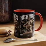 Hermes Accent Coffee Mug 11oz 15oz Black Ceramic Mythology Cup with Greek God Winged Statue Design for History Lovers and Art Enthusiasts
