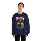 Mystic Mask Flames Graphic Unisex Heavy Blend Crewneck Sweatshirt Hustler Streetwear Motivational Dark Mystery Bold Fire Design