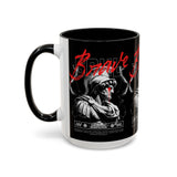 Brave Soul Warrior Accent Coffee Mug 11oz 15oz Black Ceramic Two Tone Cup Bold Statue Design with Red Script Gift for Coffee Lovers