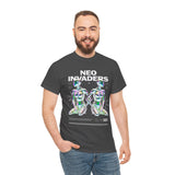 Neo Invaders Futuristic Holographic Graphic Unisex Heavy Cotton Tee Bold Sci Fi Cyberpunk Streetwear Statement T Shirt