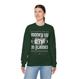 Money Up In Flames Unisex Heavy Blend Crewneck Sweatshirt Graphic Pullover Black Hustler Fire Money Design Bold Streetwear Entrepreneur Alpha Mindset Wealth Fashion