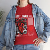 Heart Flower Graphic Unisex Heavy Cotton Tee Comfortable Streetwear T Shirt Bold Red and Black Floral Heart Design Symbol of Love Strength and Vitality Perfect Gift for Friends Birthdays and Casual Everyday Wear