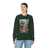 Humble Angel Statue Unisex Heavy Blend Crewneck Sweatshirt Graphic Pullover Streetwear Fire Print Bold Motivational Urban Fashion Outfit