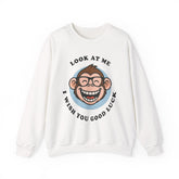 Smiling Monkey Cartoon Good Luck Unisex Sweatshirt Funny Cute Graphic Pullover Positive Vibes Humor Design Cozy Warm Casual Wear Gift For Friends Family