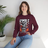 Unisex Heavy Blend Crewneck Sweatshirt Humble Angel Statue Graphic Pullover Streetwear Fire Print Bold Motivational Urban Fashion Outfit