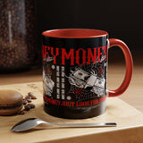 Money Ambition Accent Coffee Mug 11oz 15oz Black Ceramic Cup with Bold Red Typography and Cash Stack Design for Entrepreneurs and Hustlers