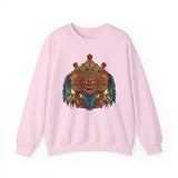 Mythical Tribal Mask Unisex Crewneck Sweatshirt Heavy Blend Pullover Cultural Warrior Spirit Inspired Festival Graphic Art Streetwear Top