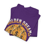 Golden Dreams Silver Reality Money Graphic Unisex Heavy Cotton Tee Bold Hustler Cash Bag Dollar Streetwear Motivational T Shirt