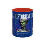 Historical Accent Coffee Mug 11oz 15oz Black Ceramic Cup with Greek Goddess Statue and Purple Floral Design for Art and History Lovers