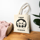 I Want To Believe Alien Tote Bag Sci Fi UFO Extraterrestrial Design Canvas Bag Space Mystery Reusable Eco Friendly Durable Shopping Travel Tote