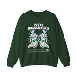 Neo Invaders Futuristic Holographic Graphic Unisex Heavy Blend Crewneck Sweatshirt Sci Fi Cyberpunk Streetwear Bold Statement Pullover