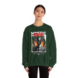 Mystic Mask Flames Graphic Unisex Heavy Blend Crewneck Sweatshirt Hustler Streetwear Motivational Dark Mystery Bold Fire Design