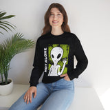 Not Alone Alien Unisex Crewneck Sweatshirt UFO Cartoon Graphic Pullover Extraterrestrial Sci Fi Space Themed Conspiracy Inspired Paranormal Streetwear