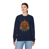 Mythical Tribal Mask Unisex Crewneck Sweatshirt Heavy Blend Pullover Cultural Warrior Spirit Inspired Festival Graphic Art Streetwear Top