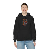 Inferno Spirit Fiery Dragon Whiskey Bottle Unisex Heavy Blend Hooded Sweatshirt Bold Streetwear Biker Inspired Tattoo Art Flame Design Symbol of Strength Rebellion and Passion