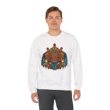 Mythical Tribal Mask Unisex Crewneck Sweatshirt Heavy Blend Pullover Cultural Warrior Spirit Inspired Festival Graphic Art Streetwear Top