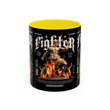 Fighter Accent Coffee Mug 11oz 15oz Black Ceramic Cup with Greek Warrior Statue and Flames Design for Hustlers and Motivated Minds