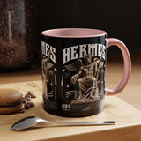 Hermes Accent Coffee Mug 11oz 15oz Black Ceramic Mythology Cup with Greek God Winged Statue Design for History Lovers and Art Enthusiasts