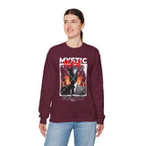 Mystic Mask Flames Graphic Unisex Heavy Blend Crewneck Sweatshirt Hustler Streetwear Motivational Dark Mystery Bold Fire Design