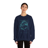 Prehistoric Thunder Unisex Crewneck Sweatshirt Electric Blue Neon Raptor Storm Design Bold Streetwear for Dino Lovers Artists and Urban Dreamers
