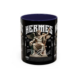 Hermes Accent Coffee Mug 11oz 15oz Black Ceramic Mythology Cup with Greek God Winged Statue Design for History Lovers and Art Enthusiasts