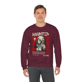 Haunted Warrior Unisex Heavy Blend Crewneck Sweatshirt Graphic Pullover Black Samurai Ninja Fighter Bold Red Streetwear Futuristic Artistic Fashion Outfit