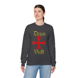 Unisex Deus Vult Crewneck Sweatshirt Medieval Crusader Cross Heavy Blend Fleece Pullover Warrior Knight Inspired Vintage Christian Symbol Streetwear