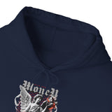 Money Bright Unisex Heavy Blend Hooded Sweatshirt Angel Statue Graphic Gothic Streetwear Red Neon Aesthetic Artistic Fashion Hoodie