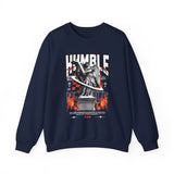 Unisex Heavy Blend Crewneck Sweatshirt Humble Angel Statue Graphic Pullover Streetwear Fire Print Bold Motivational Urban Fashion Outfit