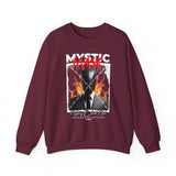 Mystic Mask Flames Graphic Unisex Heavy Blend Crewneck Sweatshirt Hustler Streetwear Motivational Dark Mystery Bold Fire Design
