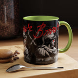 Brave Soul Warrior Accent Coffee Mug 11oz 15oz Black Ceramic Two Tone Cup Bold Statue Design with Red Script Gift for Coffee Lovers