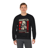 Haunted Warrior Unisex Heavy Blend Crewneck Sweatshirt Graphic Pullover Black Samurai Ninja Fighter Bold Red Streetwear Futuristic Artistic Fashion Outfit